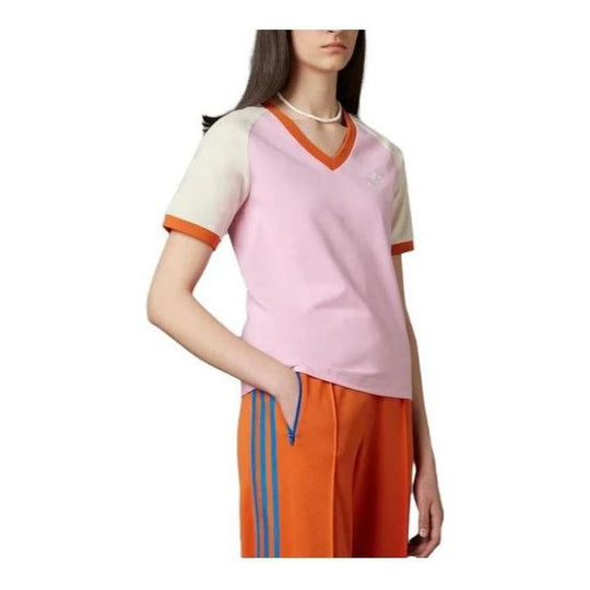 WMNS) adidas originals Adicolor I Pink\' CREW Cali KICKS T-shirt - 70s \'True V-Neck