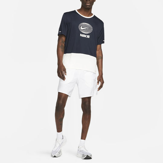 Men's Nike Colorblock Alphabet Logo Pattern Printing Loose Short Sleeve Navy Blue T-Shirt DM4798-475