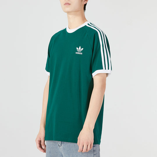 Men's adidas originals 3-Stripes Tee Casual Round Neck Loose Logo Stripe Short Sleeve Green HE9546
